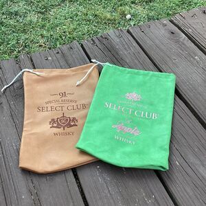 Select Club Whisky drawstring bags lot of 2 – tan & green Apple, 12”x8”